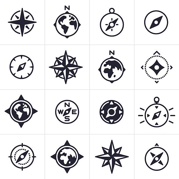 Compass and Map Navigation Icons and Symbols Compass and map navigation icons and symbols collection. west direction stock illustrations