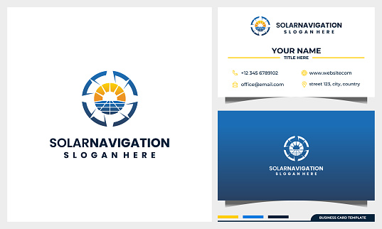 compass navigation with solar panel energy logo design concept and business card template