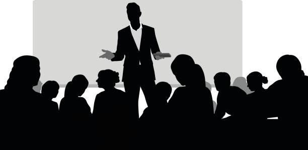 Compelling Lectures A vector silhouette illustration of a male professor giving a lecture to a lecture hall of college students.  He gestures and hold a remote while standing in front of a board. presentation speech silhouettes stock illustrations