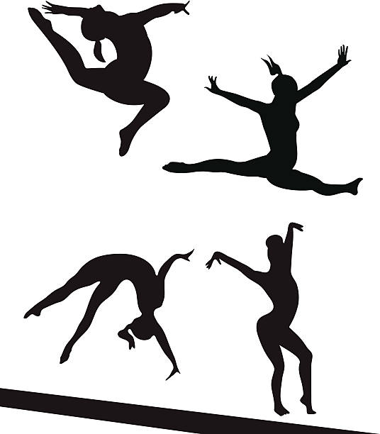 Competing Gymnasts Level 10 gymnasts compete on floor and beam. gymnastic silhouette stock illustrations