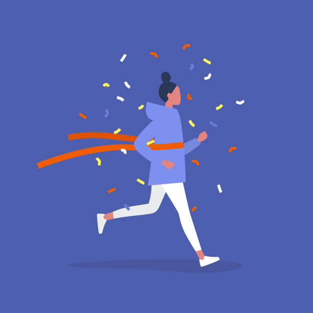 ilustrações de stock, clip art, desenhos animados e ícones de a competition winner, young female running character crossing the finish line, red ribbon concept - correr