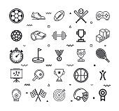 Competitive sports activities outline style symbols with memphis decorations. Line vector icons set for infographics, mobile and web designs.