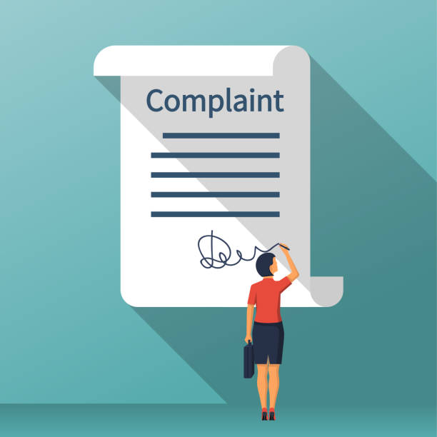 Complaint concept. Woman wrote a complaint Complaint concept. Woman wrote a complaint. Vector illustration flat design. Measures to solve problems. Claim petition. Sign the document on the application. complaining stock illustrations