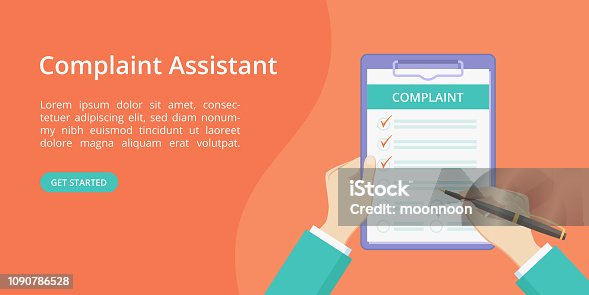 istock Complaint form on clipboard with hand landing page 1090786528