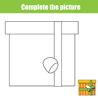 Complete the picture children educational game, coloring page. Kids activity with gift box. Printable drawing worksheet