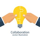 Collaboration concept. Completing business idea. Cooperation, teamwork. Successful solution puzzle. Symbol of partnership. Vector, flat design. Businessmen hold puzzle in hand connected in lightbulb