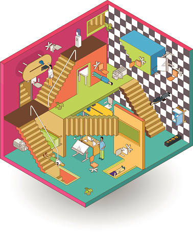 isometric office with escher stairs. workers standing on floor and walls in a cube shaped huge room. office room consists of work places on x, y and z axes. vector