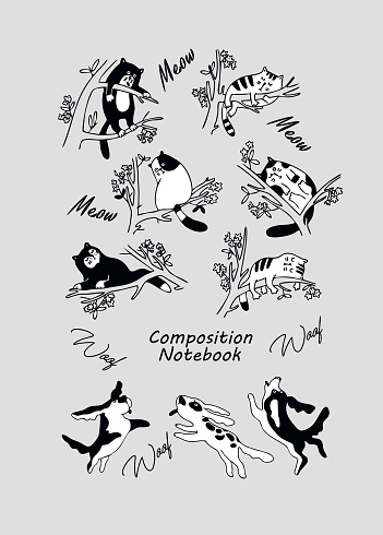 Composition Notebook, College Notebook, School Notebook for Girls and Boys. Book cover design. Doodle Style. Funny dogs and cute cats . Black and white animal doodles. Vector illustration.