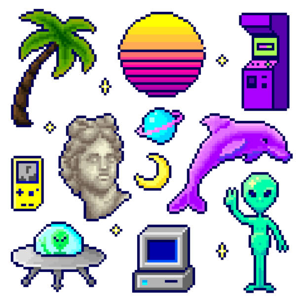 Composition of glitched elements and shapes. Abstract vector vaporwave retrowave style. set of pixel elements in vaporwave style hackathon stock illustrations