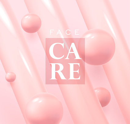 Composition with light 3d pink pearl moleculas with cream lines with text face care