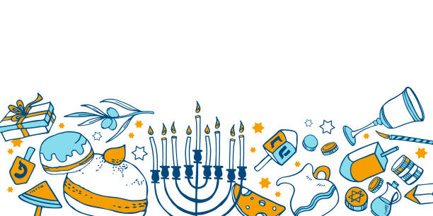 ilustraciones, imágenes clip art, dibujos animados e iconos de stock de composición con objetos tradicionales de hanukkah en la parte inferior de la página. ilustración de boceto vectorial de contorno dibujada a mano - hanukkah