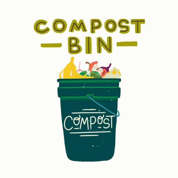 illustrations, cliparts, dessins animés et icônes de bac de compost avec l'illustration de restes de nourriture - compost