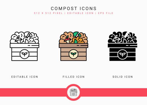 illustrations, cliparts, dessins animés et icônes de les icônes de compost placent l’illustration de vecteur avec le modèle solide de ligne d’icône. concept bio dégradable. - compost