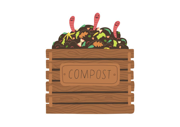 Compost with worms. Compost box with with funny worms.  Recycling concept. Flat vector illustration. compost stock illustrations