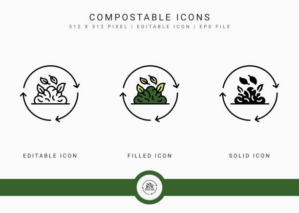illustrations, cliparts, dessins animés et icônes de les icônes compostables placent l’illustration vectorielle avec le modèle solide de ligne d’icône. concept de décomposition bio. - compost