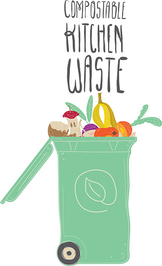 Compostable Kitchen Waste compost bin filled with hand drawn food scraps