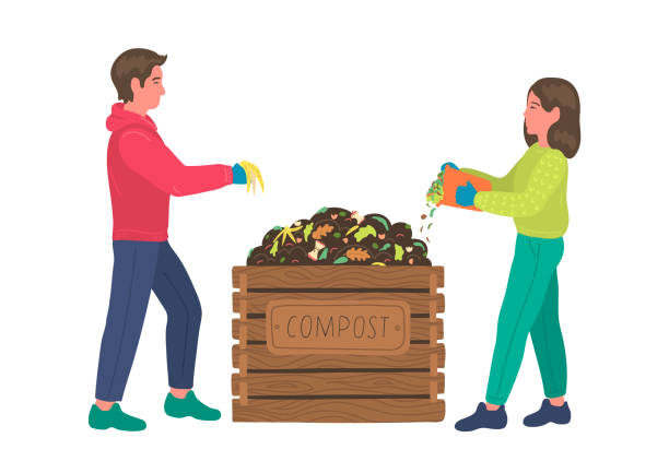 Composting. Composting. Man and woman making compost. Zero waste concept. compost stock illustrations