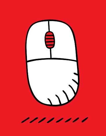 Vector illustration of a hand drawn computer mouse against a red background.