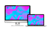Responsive web design computer display with laptop isolated. Abstract geometric background on devices screen. Vector illustration.