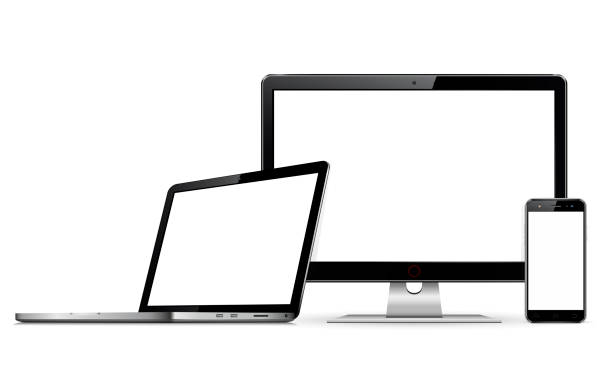 stockillustraties, clipart, cartoons en iconen met vertoning van de computer, laptop en smartphone met leeg scherm - bewakingsapparatuur