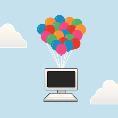 graphic of computer floating with ballons