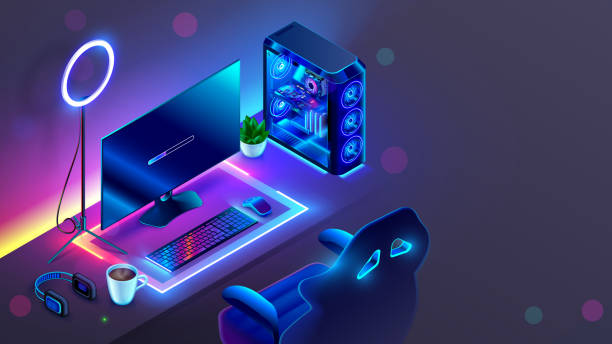 Computer Gaming PC on video gaming desk in dark room with neon light. Futuristic modern workplace of internet blogger, streamer or computer gamer. Monitor, transparent computer, chair, ring light. vector art illustration