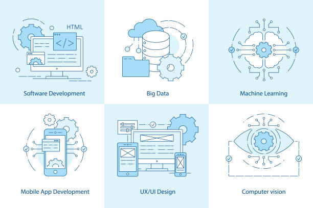 Computer icon set. Software Development vector concept Mobile App Line icons. Software Development icon for web design. Big Data and cloud technology concept. Computer vision, Machine learning, coding, User experience and interaction artificial intelligence illustrations stock illustrations