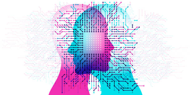Computer Minds A computer circuit board pattern overlapping a female and male side profile. machine learning stock illustrations