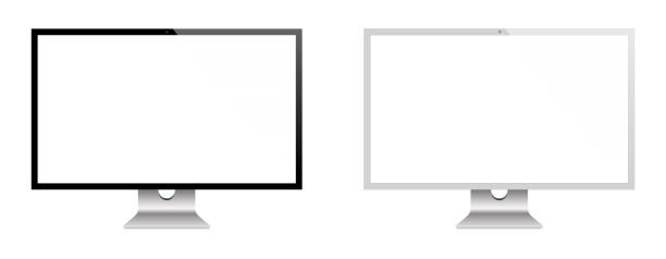 computermonitor und flachbildfernseher in schwarz und silber farbe mit reflexion, realistische vektor-illustration - computerbildschirm stock-grafiken, -clipart, -cartoons und -symbole