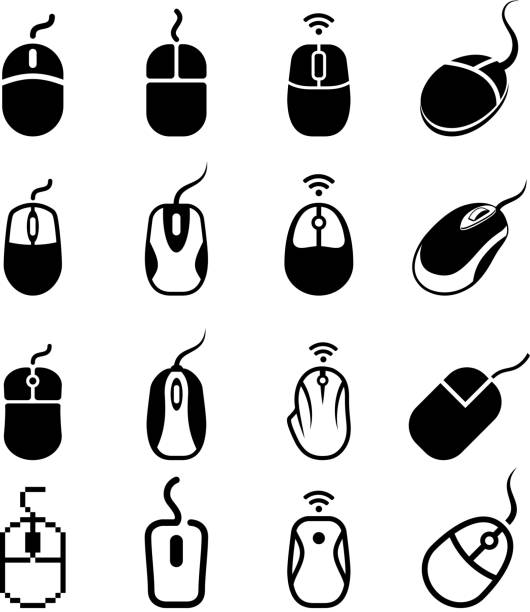 ilustraciones, imágenes clip art, dibujos animados e iconos de stock de ratón de ordenador blanco y negro sin royalties de vector icono conjunto - computer mouse