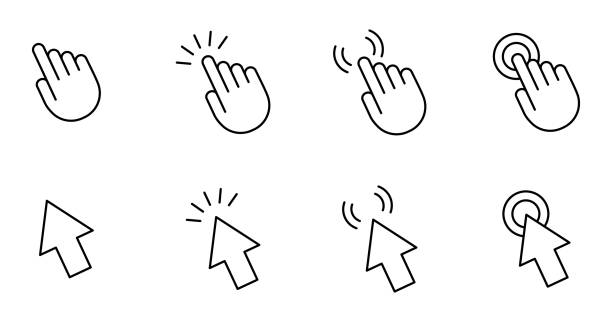 컴퓨터 마우스 커서 포인터 손과 화살표. 편집 가능한 스트로크가 있는 8개의 벡터 이미지 세트 - 손가락 stock illustrations