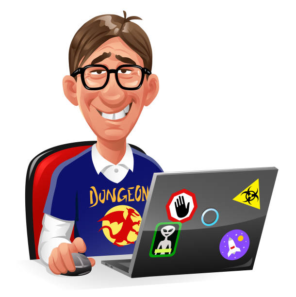 ilustrações, clipart, desenhos animados e ícones de nerd de computador sentado no laptop - geek