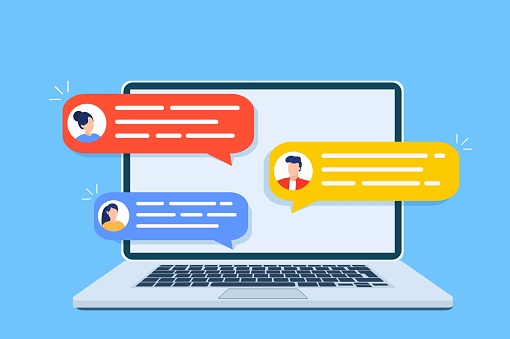 Computer online chat notices. desktop pc with chatting bubble notifications, concept of people messaging on internet, on-line communication. Vector illustration in flat style