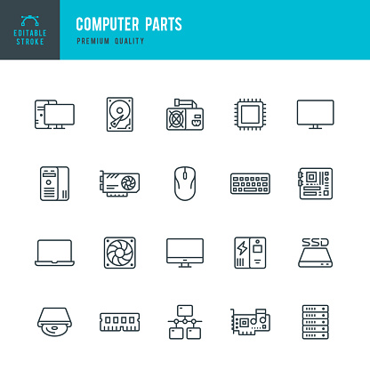 Set of 20 Computer Parts thin line vector icons. CPU, RAM, GPU, Monitor, Mother Board, SSD, Hard Drive and so on