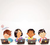 Four children using a laptop in front of a big whiteboard. EPS 10, fully editable and labeled in layers.