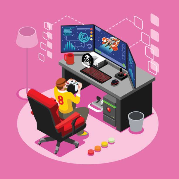 Computer Video Game Isometric Gaming People Vector Illustration Video game screen and gamer person gaming online with console controller android phone or computer. 3D Isometric People icon set. Creative design vector illustration collection video game illustrations stock illustrations