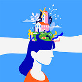 Concept about the processes of thinking of women.  Creative fantasy thinking vector illustration. Woman world.