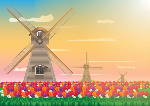 Concept and idea abstract tulip flower and wind turbine background. Flat object flower background. vector EPS10