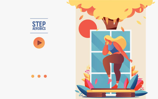 ilustrações de stock, clip art, desenhos animados e ícones de concept banner or booklet template with young woman doing step aerobics. - steps