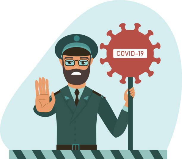 COVID-19 concept closing the country borders during coronavirus outbreak COVID-19  2019-nCoV concept. closing the country borders during coronavirus outbreak.  officer holding STOP  COVID-19 sign.  flat vector illustration travel borders stock illustrations