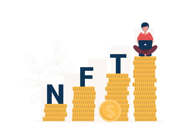 концепция nft, рост монет, человек с ноутбуком - nft stock illustrations