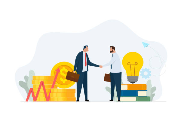 Concept financial Investments in creative projects and into innovation. Handshake of two businessman. Concept financial Investments in creative projects and into innovation. Handshake of two businessman. Vector business illustration isolated on white background. sale illustrations stock illustrations