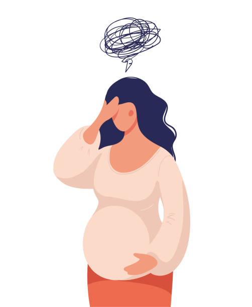 Concept illustration, a pregnant woman feels bad, worries, doubts the future, single mother. Difficulty during pregnancy. Flat vector illustration. Concept illustration, a pregnant woman feels bad, worries, doubts the future, single mother. Difficulty during pregnancy. Flat vector illustration lonely mothers stock illustrations