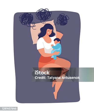 istock Concept illustration about postpartum depression, worry, and anxiety of a young mom. The woman sleeps with a baby on the bed and cries. Vector illustration isolated on white background. 1281457646