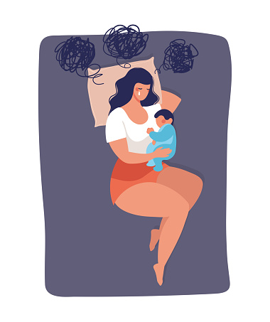 Concept illustration about postpartum depression, worry, and anxiety of a young mom. The woman sleeps with a baby on the bed and cries. Vector illustration isolated on white background.
