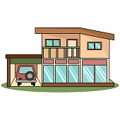 Concept new style house and garage isolated on white background. Vector illustration in flat cartoon design. Banner, poster, website, construction, building.