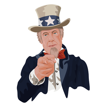 Concept de l’engagement patriotique avec le symbole de l’Oncle Sam pointant du doigt le citoyen américain pour qu’il se mobilise pour son pays. vector