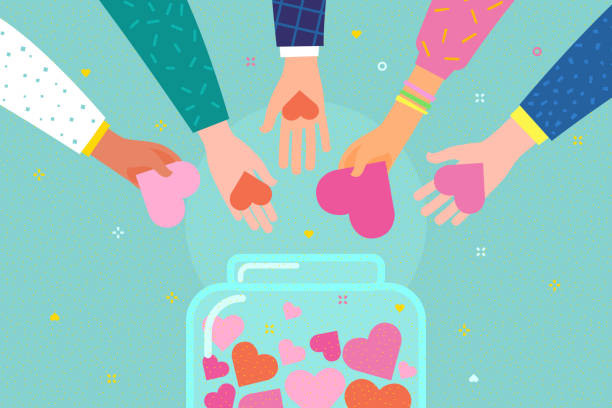 자선 및 기부금의 개념. 주고 사람들에 게 당신의 사랑을 공유 할 수 있습니다. - charity benefit stock illustrations