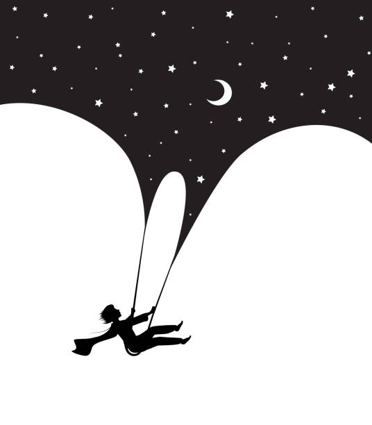 concept of childhood night dream at midnight,  dream scene in black and white, boy silhouette on the swing flying under the night sky, shadow story, vector concept of childhood night dream at midnight,  dream scene in black and white, boy silhouette on the swing flying under the night sky, shadow story, vector sleeping silhouettes stock illustrations