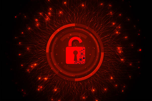 Concept of destroyed cyber security design. Concept of destroyed cyber security design.Padlock red open on  dark red background.Cyber attack and Information leak concept.Vector illustration. computer crime stock illustrations